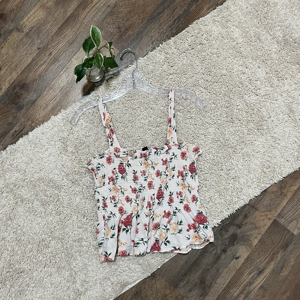 American Eagle Large Pink Floral Smocked Cottagecore Ruffled Babydoll Tank Top